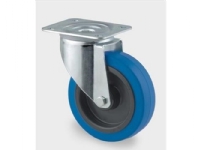 Drejeligt hjul, elastik gummi, blå, Ø100 mm, 160 kg, rulleleje, med plade Byggehøjde: 128 mm. Drifts Vogner med hjul