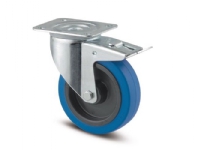 Drejeligt hjul m/ bremse, blå elastisk gummi, Ø100 mm, 160 kg, rulleleje, med plade Byggehøjde: 128 Vogner med hjul