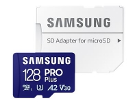 Samsung PRO Plus MB-MD128SA - Flash-minneskort (microSDXC till SD-adapter inkluderad) - 128 GB - A2 / Video Class V30 / UHS-I U3 - mikroSDXC UHS-I - blå