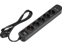 Orno strømskinne Overspenningsvern, 5 stikkontakter 2P+Z (Schuko), kabel 3x1,0mm2, lengde 1,5m, med opplyst toveisbryter. 10A/230 VAC, Overspenningsvern, 2xUSB 2,1A lader. Flat plugg