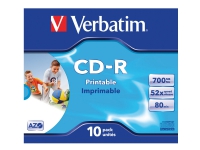 Verbatim - 10 x CD-R - 700 MB (80 min) 52x - blekkstråleskrivbar overflate, bred skrivbar overflate - CD-eske PC-Komponenter - Harddisk og lagring - Lagringsmedium